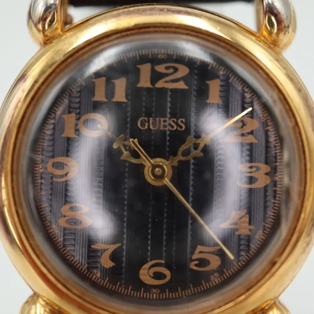 Vintage 1992 Guess Watch 25mm Gold Tone Black Leather Strap with New Battery